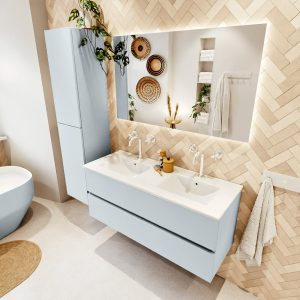 MONDIAZ VICA 120cm badmeubel onderkast Clay 2 lades. Wastafel Denia dubbel 2 kraangaten, kleur Glanzend Wit met spiegel LED.