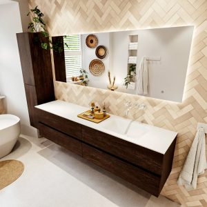 MONDIAZ VICA 200cm badmeubel onderkast Dark Brown 4 lades. Wastafel CLOUD rechts zonder kraangat, kleur Talc met spiegel LED.