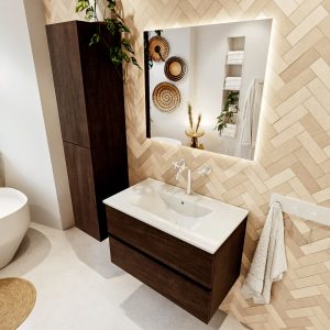 MONDIAZ VICA 80cm badmeubel onderkast Dark Brown 2 lades. Wastafel Denia midden 1 kraangat, kleur Glanzend Wit met spiegel LED.