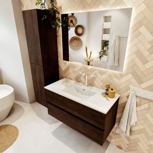 MONDIAZ VICA 100cm badmeubel onderkast Dark Brown 2 lades. Wastafel Denia midden 1 kraangat, kleur Glanzend Wit met spiegel LED.