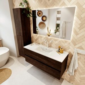 MONDIAZ VICA 120cm badmeubel onderkast Dark Brown 2 lades. Wastafel Denia midden 1 kraangat, kleur Glanzend Wit met spiegel LED.