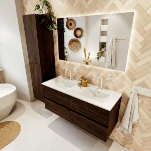 MONDIAZ VICA 120cm badmeubel onderkast Dark Brown 4 lades. Wastafel Denia dubbel 2 kraangaten, kleur Glanzend Wit met spiegel LED.