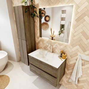 MONDIAZ VICA 80cm badmeubel onderkast Dark Brown Grey 2 lades. Wastafel CLOUD midden 1 kraangat, kleur Talc met spiegel LED.