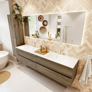 MONDIAZ VICA 200cm badmeubel onderkast Dark Brown Grey 4 lades. Wastafel CLOUD dubbel 2 kraangaten, kleur Talc met spiegel LED.