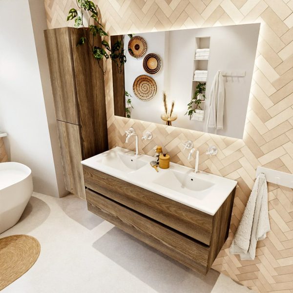 MONDIAZ VICA 120cm badmeubel onderkast Dark Brown Grey 2 lades. Wastafel Denia dubbel 2 kraangaten, kleur Glanzend Wit met spiegel LED.