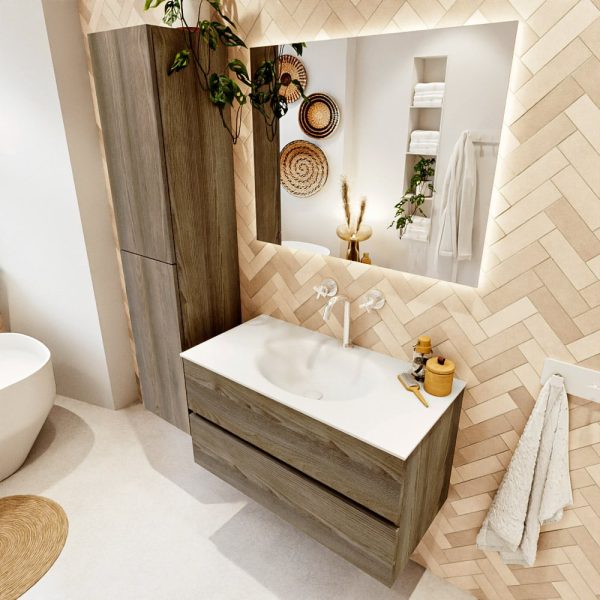 MONDIAZ VICA 90cm badmeubel onderkast Dark Brown Grey 2 lades. Wastafel Moon midden 1 kraangat, kleur Talc met spiegel LED.