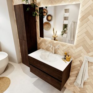 MONDIAZ VICA 90cm badmeubel onderkast Dark Brown 2 lades. Wastafel Moon midden 1 kraangat, kleur Talc met spiegel LED.