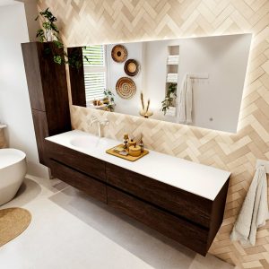 MONDIAZ VICA 200cm badmeubel onderkast Dark Brown 4 lades. Wastafel Moon links 1 kraangat, kleur Talc met spiegel LED.