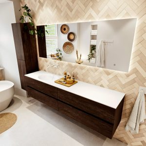 MONDIAZ VICA 200cm badmeubel onderkast Dark Brown 4 lades. Wastafel Moon links zonder kraangat, kleur Talc met spiegel LED.