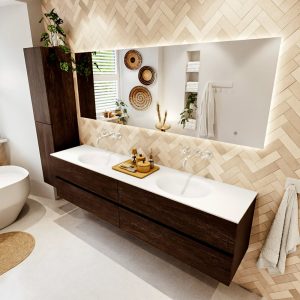 MONDIAZ VICA 200cm badmeubel onderkast Dark Brown 4 lades. Wastafel Moon dubbel zonder kraangat, kleur Talc met spiegel LED.