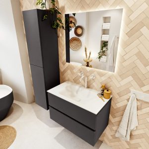 MONDIAZ VICA 80cm badmeubel onderkast Dark Grey 2 lades. Wastafel CLOUD midden 1 kraangat, kleur Talc met spiegel LED.