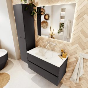 MONDIAZ VICA 90cm badmeubel onderkast Dark Grey 2 lades. Wastafel CLOUD midden zonder kraangat, kleur Talc met spiegel LED.