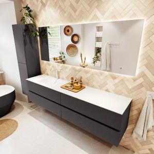 MONDIAZ VICA 200cm badmeubel onderkast Dark Grey 4 lades. Wastafel CLOUD links 1 kraangat, kleur Talc met spiegel LED.