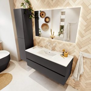 MONDIAZ VICA 120cm badmeubel onderkast Dark Grey 2 lades. Wastafel Denia midden 1 kraangat, kleur Glanzend Wit met spiegel LED.