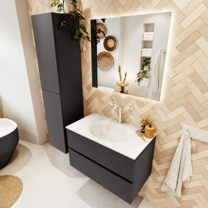 MONDIAZ VICA 80cm badmeubel onderkast Dark Grey 2 lades. Wastafel Moon midden 1 kraangat, kleur Talc met spiegel LED.