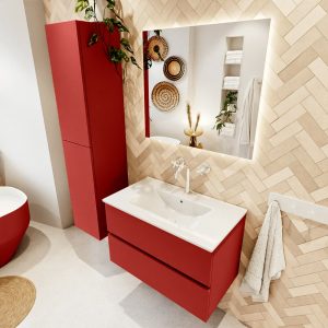 MONDIAZ VICA 80cm badmeubel onderkast Fire 2 lades. Wastafel Denia midden 1 kraangat, kleur Glanzend Wit met spiegel LED.