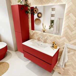 MONDIAZ VICA 100cm badmeubel onderkast Fire 2 lades. Wastafel Denia midden 1 kraangat, kleur Glanzend Wit met spiegel LED.