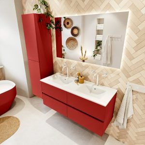 MONDIAZ VICA 120cm badmeubel onderkast Fire 4 lades. Wastafel Denia dubbel 2 kraangaten, kleur Glanzend Wit met spiegel LED.