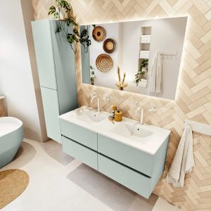 MONDIAZ VICA 120cm badmeubel onderkast Greey 4 lades. Wastafel Denia dubbel 2 kraangaten, kleur Glanzend Wit met spiegel LED.