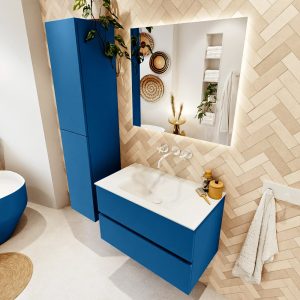 MONDIAZ VICA 80cm badmeubel onderkast Jeans 2 lades. Wastafel CLOUD midden zonder kraangat, kleur Talc met spiegel LED.