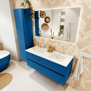 MONDIAZ VICA 120cm badmeubel onderkast Jeans 2 lades. Wastafel Denia dubbel 2 kraangaten, kleur Glanzend Wit met spiegel LED.