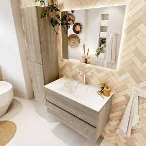 MONDIAZ VICA 90cm badmeubel onderkast Light Brown Grey 2 lades. Wastafel CLOUD midden 1 kraangat, kleur Talc met spiegel LED.