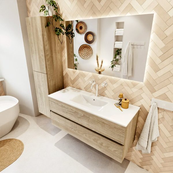 MONDIAZ VICA 120cm badmeubel onderkast Light Brown Grey 2 lades. Wastafel Denia midden 1 kraangat, kleur Glanzend Wit met spiegel LED.