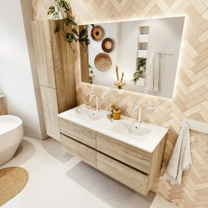 MONDIAZ VICA 120cm badmeubel onderkast Light Brown Grey 4 lades. Wastafel Denia dubbel 2 kraangaten, kleur Glanzend Wit met spiegel LED.