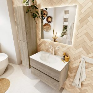 MONDIAZ VICA 80cm badmeubel onderkast Light Brown Grey 2 lades. Wastafel Moon midden 1 kraangat, kleur Talc met spiegel LED.