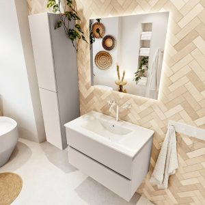 MONDIAZ VICA 80cm badmeubel onderkast Linen 2 lades. Wastafel Denia midden 1 kraangat, kleur Glanzend Wit met spiegel LED.