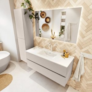 MONDIAZ VICA 120cm badmeubel onderkast Linen 2 lades. Wastafel Denia midden 1 kraangat, kleur Glanzend Wit met spiegel LED.
