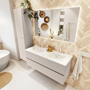 MONDIAZ VICA 120cm badmeubel onderkast Linen 2 lades. Wastafel Denia dubbel 2 kraangaten, kleur Glanzend Wit met spiegel LED.