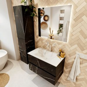 MONDIAZ VICA 80cm badmeubel onderkast Marquina 2 lades. Wastafel CLOUD midden 1 kraangat, kleur Talc met spiegel LED.