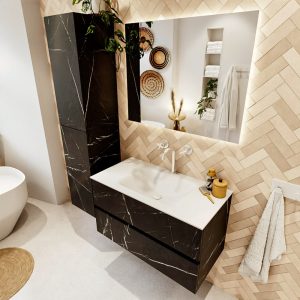 MONDIAZ VICA 90cm badmeubel onderkast Marquina 2 lades. Wastafel CLOUD midden 1 kraangat, kleur Talc met spiegel LED.