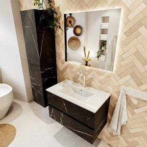 MONDIAZ VICA 80cm badmeubel onderkast Marquina 2 lades. Wastafel Denia midden 1 kraangat, kleur Glanzend Wit met spiegel LED.