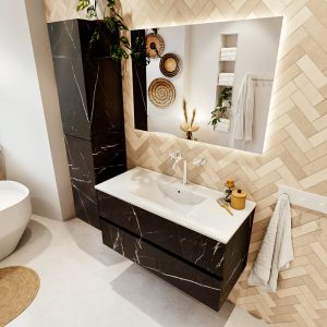 MONDIAZ VICA 100cm badmeubel onderkast Marquina 2 lades. Wastafel Denia midden 1 kraangat, kleur Glanzend Wit met spiegel LED.