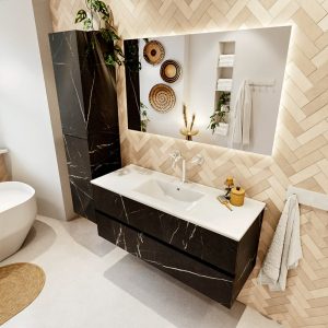 MONDIAZ VICA 120cm badmeubel onderkast Marquina 2 lades. Wastafel Denia midden 1 kraangat, kleur Glanzend Wit met spiegel LED.