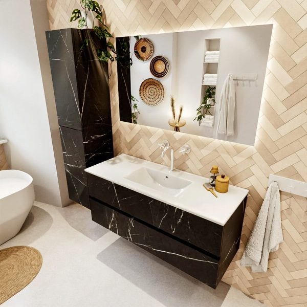 MONDIAZ VICA 120cm badmeubel onderkast Marquina 2 lades. Wastafel Denia midden 1 kraangat, kleur Glanzend Wit met spiegel LED.