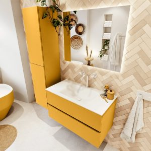 MONDIAZ VICA 90cm badmeubel onderkast Ocher 2 lades. Wastafel CLOUD midden 1 kraangat, kleur Talc met spiegel LED.