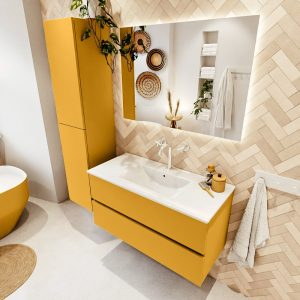 MONDIAZ VICA 100cm badmeubel onderkast Ocher 2 lades. Wastafel Denia midden 1 kraangat, kleur Glanzend Wit met spiegel LED.