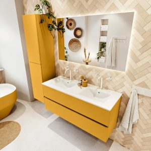 MONDIAZ VICA 120cm badmeubel onderkast Ocher 2 lades. Wastafel Denia dubbel 2 kraangaten, kleur Glanzend Wit met spiegel LED.