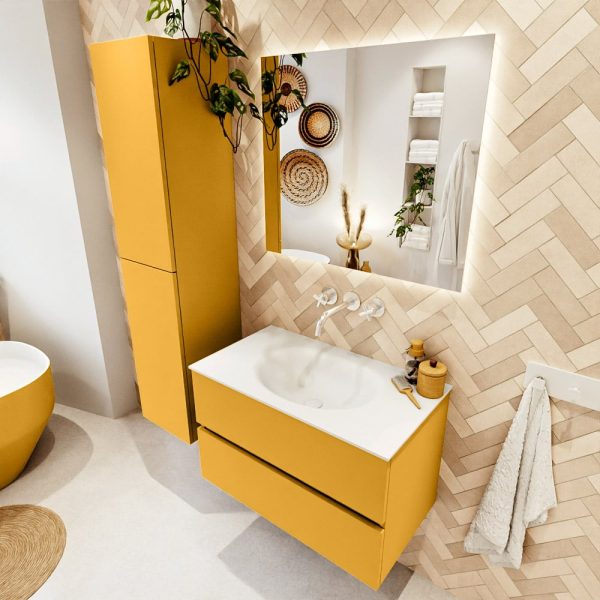 MONDIAZ VICA 80cm badmeubel onderkast Ocher 2 lades. Wastafel Moon midden zonder kraangat, kleur Talc met spiegel LED.