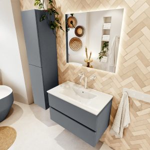MONDIAZ VICA 80cm badmeubel onderkast Plata 2 lades. Wastafel Denia midden 1 kraangat, kleur Glanzend Wit met spiegel LED.
