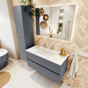 MONDIAZ VICA 100cm badmeubel onderkast Plata 2 lades. Wastafel Denia midden 1 kraangat, kleur Glanzend Wit met spiegel LED.