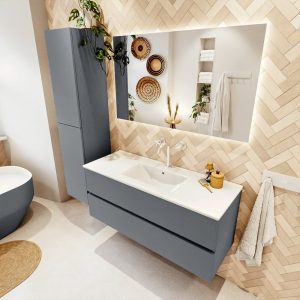 MONDIAZ VICA 120cm badmeubel onderkast Plata 2 lades. Wastafel Denia midden 1 kraangat, kleur Glanzend Wit met spiegel LED.
