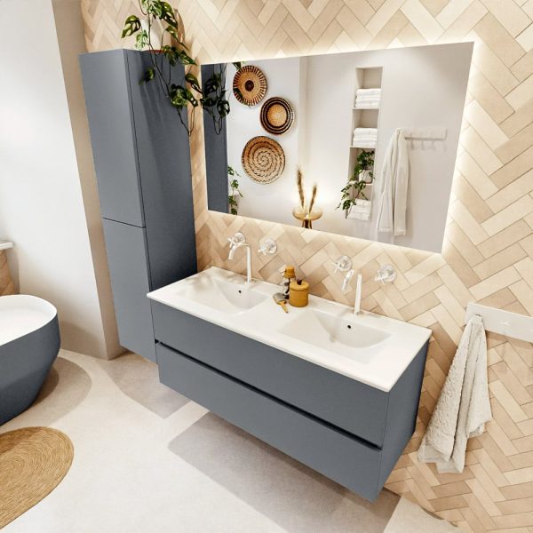 MONDIAZ VICA 120cm badmeubel onderkast Plata 2 lades. Wastafel Denia dubbel 2 kraangaten, kleur Glanzend Wit met spiegel LED.