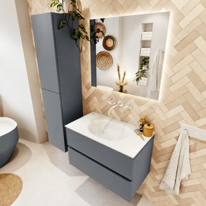 MONDIAZ VICA 80cm badmeubel onderkast Plata 2 lades. Wastafel Moon midden zonder kraangat, kleur Talc met spiegel LED.
