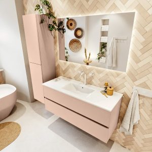 MONDIAZ VICA 120cm badmeubel onderkast Rosee 2 lades. Wastafel Denia midden 1 kraangat, kleur Glanzend Wit met spiegel LED.