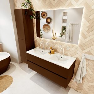 MONDIAZ VICA 120cm badmeubel onderkast Rust 2 lades. Wastafel Denia dubbel 2 kraangaten, kleur Glanzend Wit met spiegel LED.