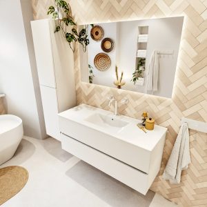 MONDIAZ VICA 120cm badmeubel onderkast Talc 2 lades. Wastafel Denia midden 1 kraangat, kleur Glanzend Wit met spiegel LED.